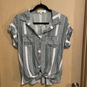 Sage, Black and White Striped Button-Down Tie Shirt